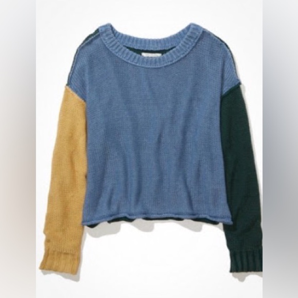 American Eagle Outfitters Blue Tan Green Colorblock Sweater